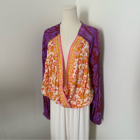 Free People Cruising Together Boho Mixed Print Long Sleeve Blouse Size Large - Picture 3 of 7